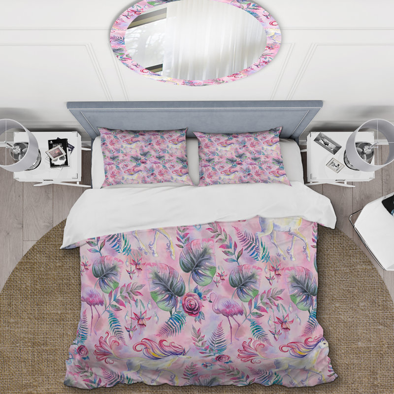 Pink Plamingos Flower Quilt Set, Twin Duvet Cover + 1 Standard Sham