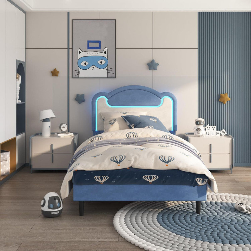 Cadre de lit rembourré avec lumières DEL et tête de lit en tissu, lit plateforme avec lattes de bois sans sommier, Bleu