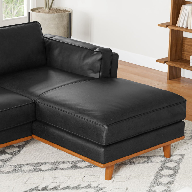 Shanteka Artisan Top Grain Leather Three Seats with Chaise Leather Sofa, Right Hand Facing, Black Genuine Leather