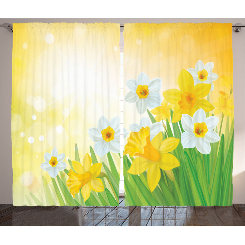 Daffodil Floral Semi-Sheer Rod Pocket Curtain Panels, 54" x 63"