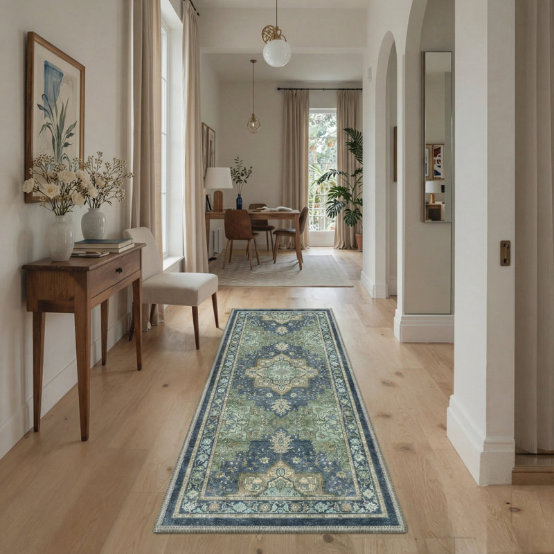 Roehit Oriental Performance Navy / Sage 5' Round Rug, Machine Washable, Round 5'