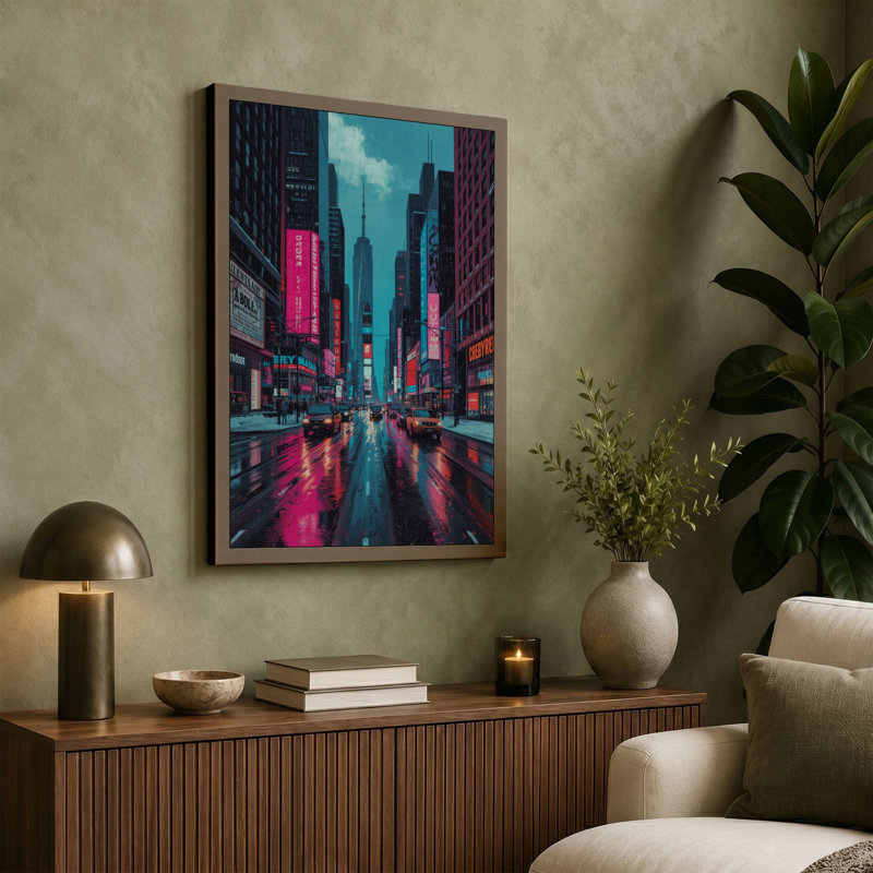 Neon City Rain Modern - Wrapped Canvas, 36x24 - 91.4 x 61.0 cm, Terracotta Border