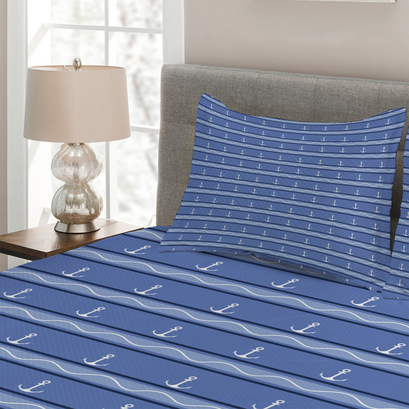 Coastal Polyester Striped Coverlet, King Bedspread + 2 Shams