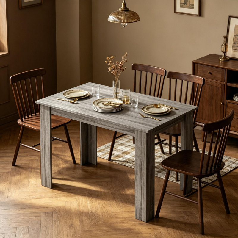 Table de salle à manger moderne en bois gris pâle, 120 cm x 69 cm, idéale pour les petits espaces en appartement.
