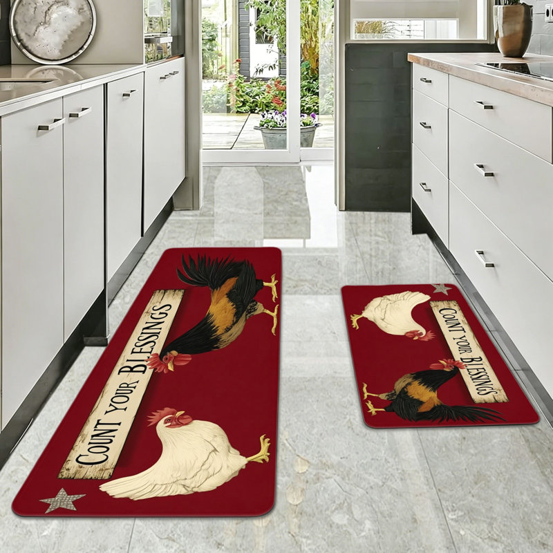 Tapis de cuisine rustique avec coq sur fond rouge