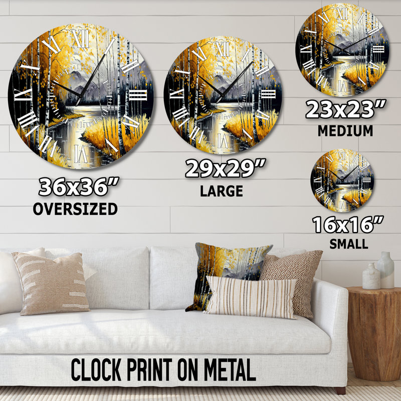 Horloge murale grise et jaune au bord du lac II - Paysage et nature, Surdimensionné