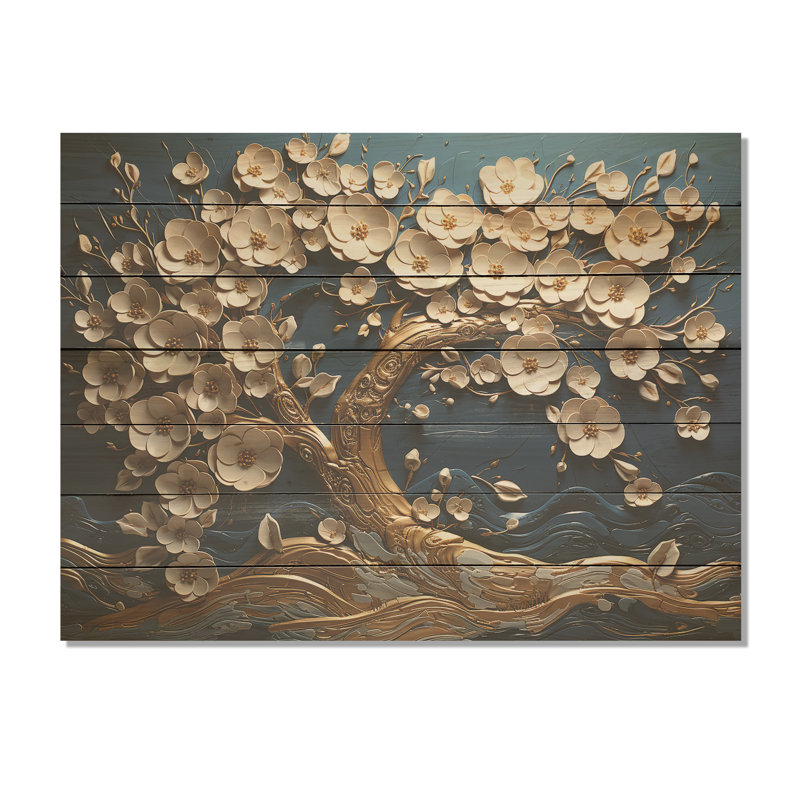 Orchidée blanche et dorée dorée - Arbre sur bois, H 10 po x l 20 po x P 0,78 po