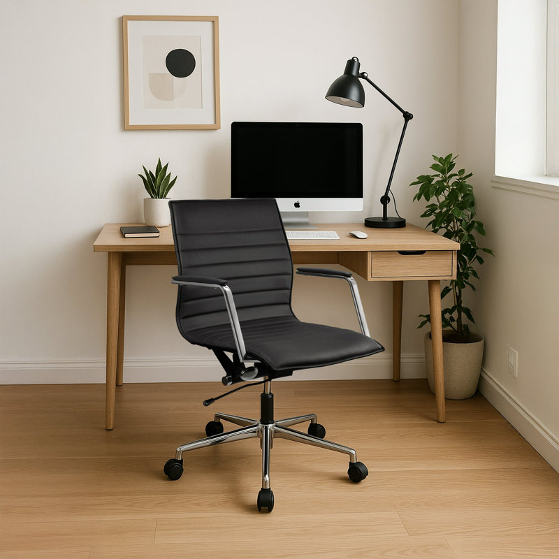 Modern Office Desk Chair | PU Leather Ribbed Back | Adjustable Height, Black, Yes