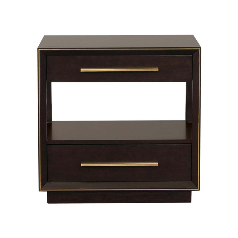 Élégante table de chevet à 2 tiroirs avec tablette, finition grain de poivre fumé pour un décor de chambre à coucher moderne et rétro
