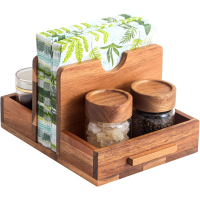 Napkin Holder, Napkin Holders With Built-In Salt Pepper Shakers Caddy, Acacia Wood Napkins Dispenser For Dining Table Countertop, Upright Paper Stand - Keep Your Kitchen Tidy & Organized
