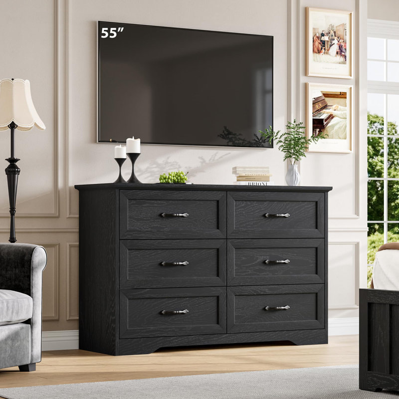 Farmhouse 6 Drawer Dresser with Metal Handles, 47.2" Wide Wooden Storage Cabinet for Bedroom, Black