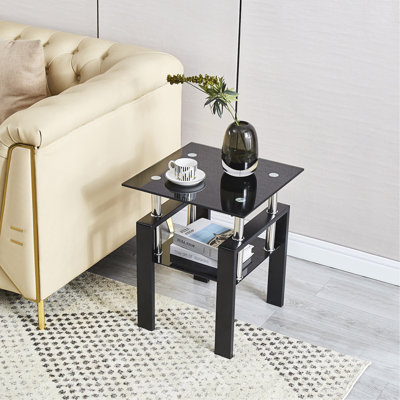 Table de canapé en verre trempé noir, table de bout à 2 niveaux avec rangement, table d'appoint de salon