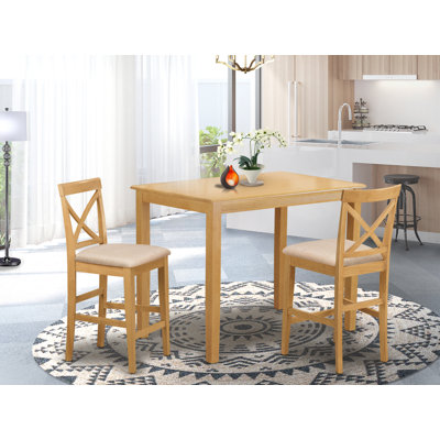 3 Piece Set for Small Spaces Contains a Rectangle Dining Room Table and 2 Linen Fabric Upholstered Dining Chairs, Oak
