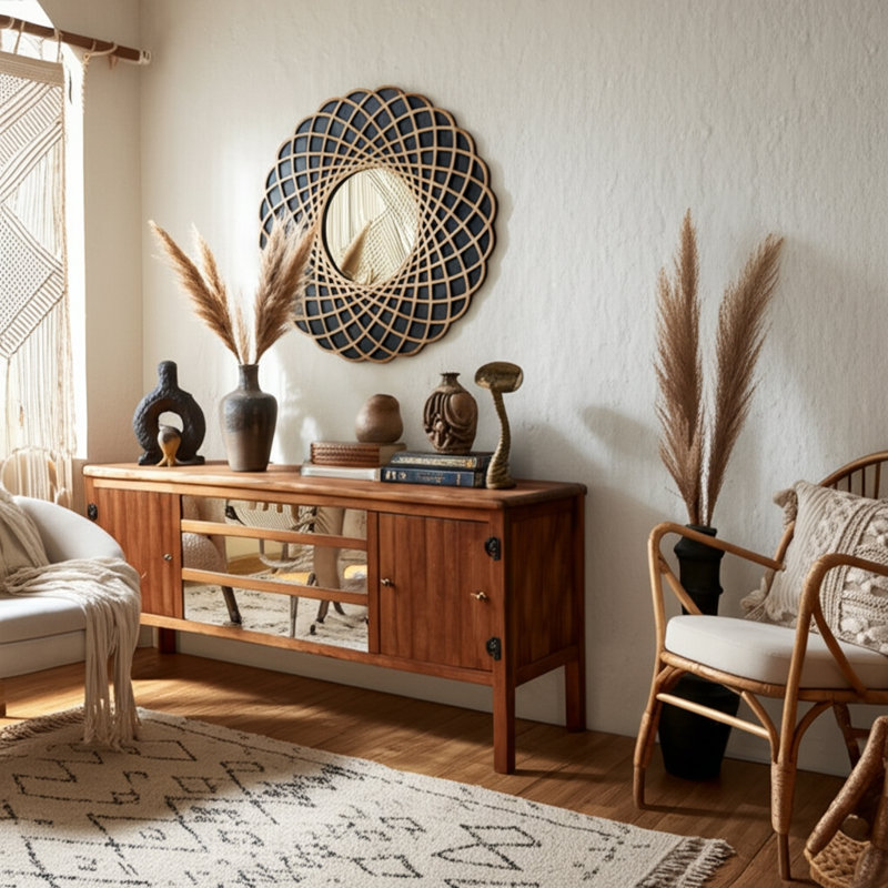 Bogar Boho Round Wall Mirror 48" Black and Natural Mango Wood Lattice Frame Modern Decorative Accent for Home Office Bedroom Living Room Decor MDF Backing Rustic Artisan Design