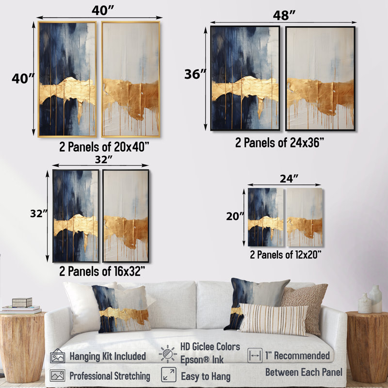 Waves Of Joy Minimal Nova - bleu et or I - peinture abstraite, art mural, 36" H x 48" W, Impression encadrée flottante, Brown