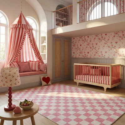 Rug Branch Jaque 7' x 10' (6'7" x 9'6") Pink/White Checkered Kids Area Rug, Modern, Medium Pile, Stain-Resistant Carpet - Playroom, Nursery, Toy Room and Bedroom