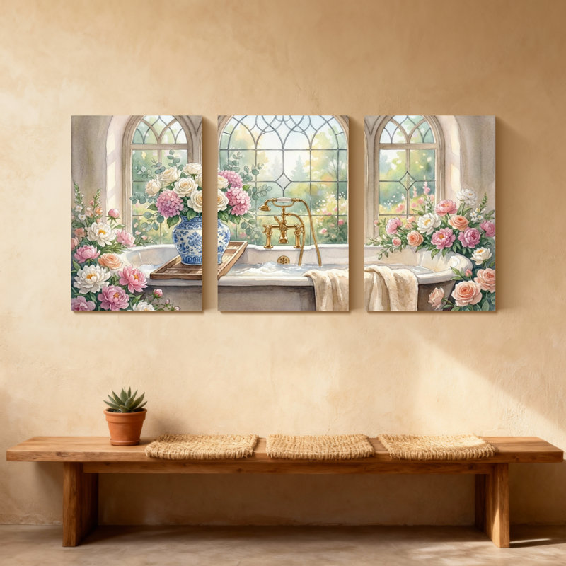Plantes et fleurs, ensemble de 3 impressions sur toile, salle de bain romantique avec fleurs et fenêtre, H 18 po x l 36 po