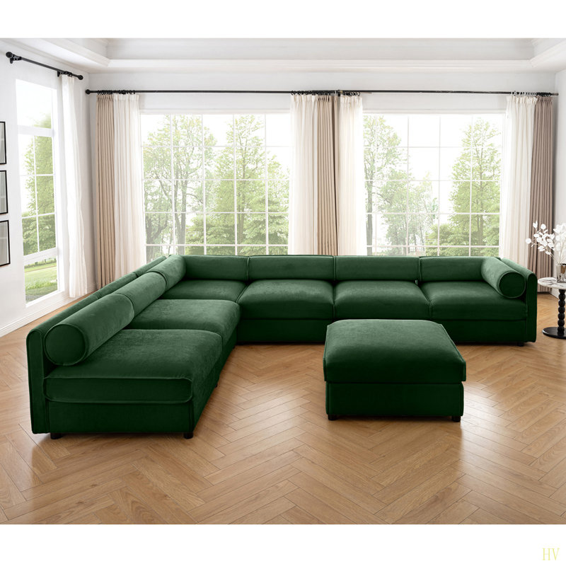 Canapé modulaire moderne avec rangement en tissu chenille doux de style contemporain Cylindrica pour le salon, Chenille verte
