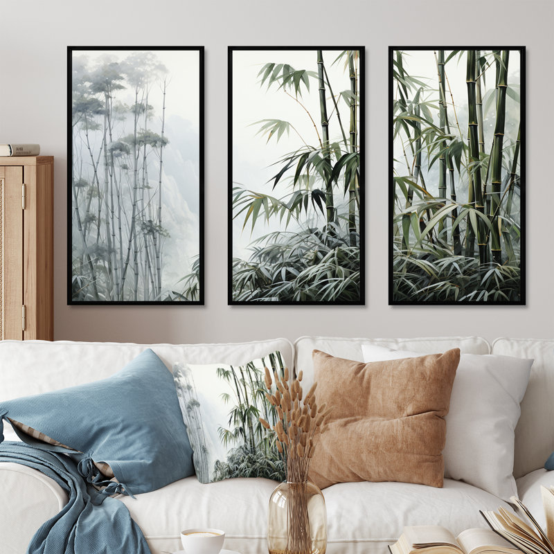 Gris et vert bambou tranquillité II - art mural Chine, H 28 po x l 36 po x P 1 po, Cadre flottant noir