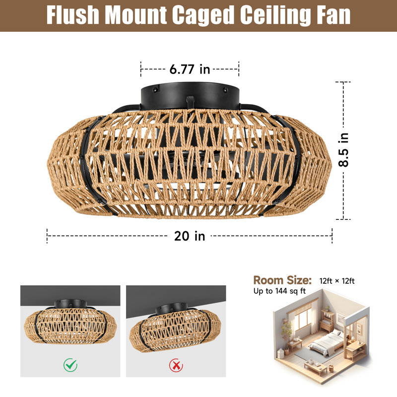20-Inch Flush Mount Caged ceiling Fan with Light for Small Room
