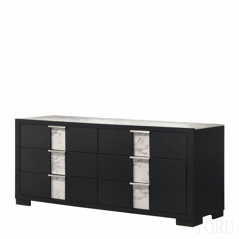 Meuble de chambre à coucher 1 tiroir contemporain à six tiroirs avec boutons en métal noir et blanc