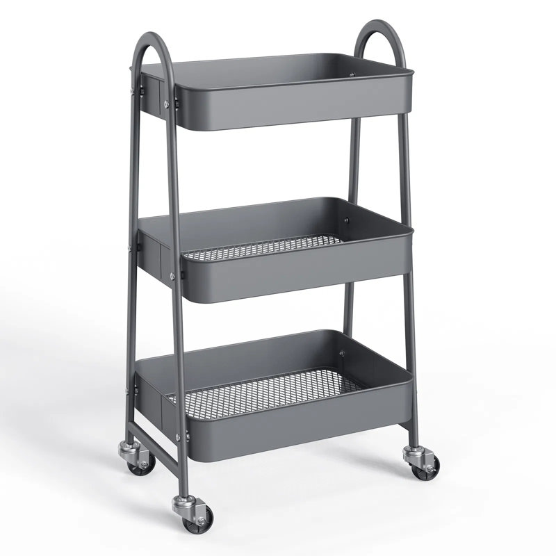Mobile Storage Cart With Locking Casters - Metal Rolling Utility Rray With Ventilated Mesh Baskets For Kitchen, Bathroom, Office & Home Organization