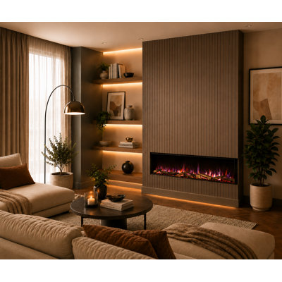 FLAMME Knighton 1/2/3-Sided Electric Media Wall Fireplace, App Control, 2 Heat Settings 900-1800W, Logs & Crystals Included