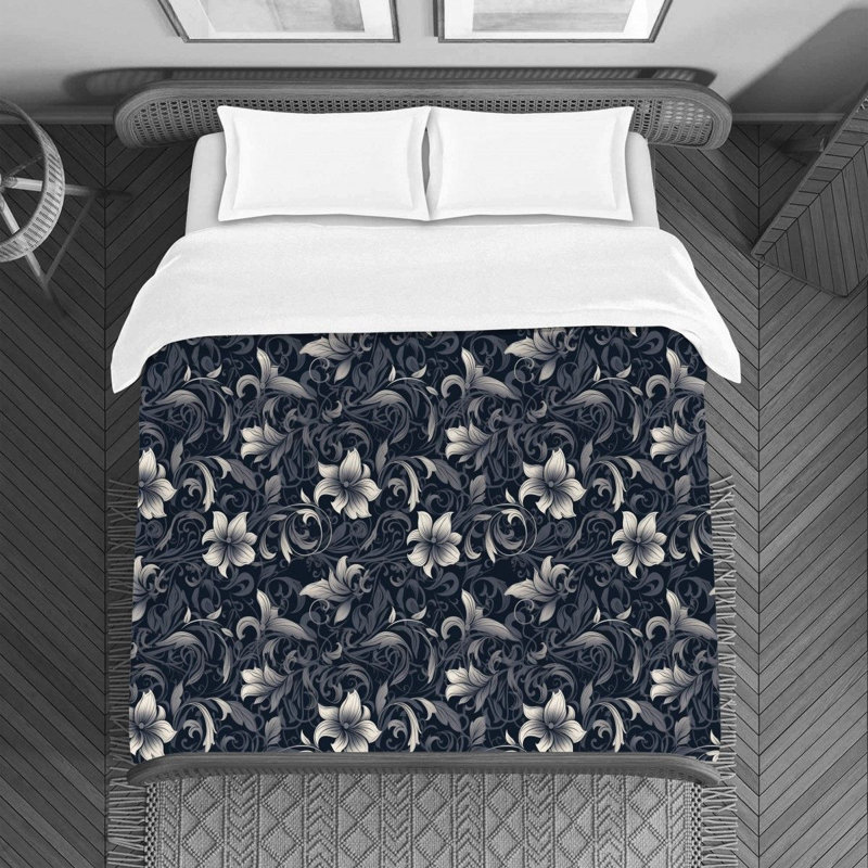 Housse de couette , Housse de couette pour très grand lit, Bleu marine / floral argenté