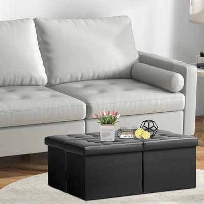 Footrest Ottoman Bench With Storage,34inch Black Leather Footstool, Coffee Table, Padded Seat, Storage Chest,blanket Store With Flipping Lid For Livingroom And Bedroom