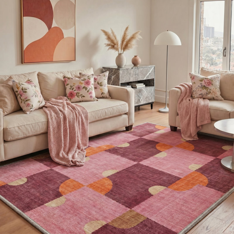 Tapis lavable à la machine antidérapant à motif géométrique rose bourgogne , Round 60 " x 60 "