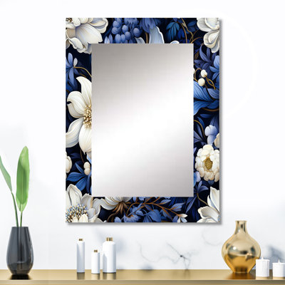 Fleurs indigo foncé au clair de lune - miroir mural botanique, miroir décoratif bohème, impression d'art en métal