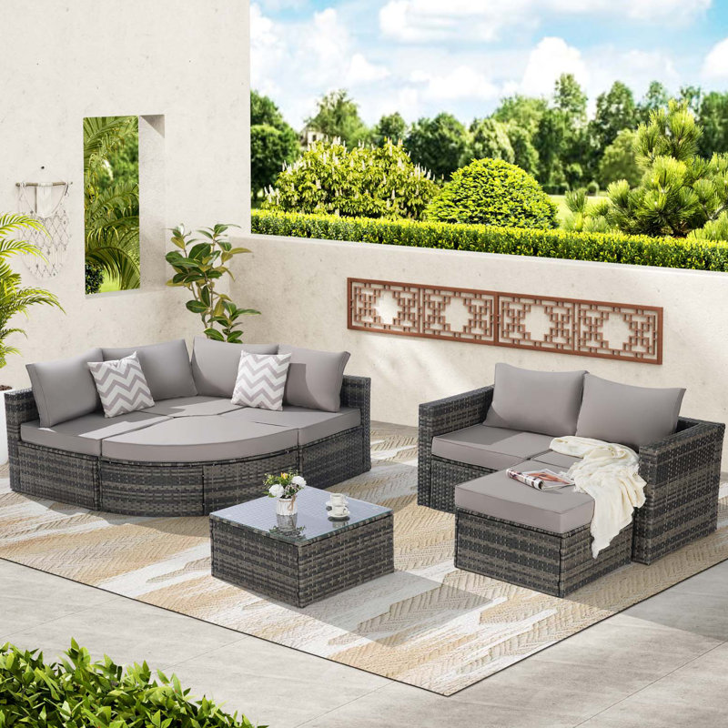 Ensemble de canapé d'extérieur 8 pièces, ensemble de conversation modulaire en forme de L en osier avec repose-pieds courbé et table en verre pour la piscine