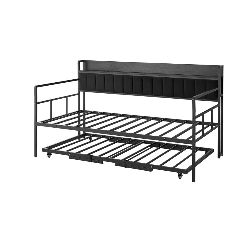 Twin Daybed with Pop-Up Trundle Bed Frame, Charging Station, LED Light, for Living Room, Bedroom, or Guest Room, Durable Sofa Day Bed with Storage Headboard, 4 Casters, Adjustable Height, Black