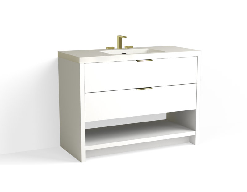 Vue 48" W Freestanding Single Bathroom Vanity, White Nanomatte, Glossy White/8" Widespread, Satin Brass
