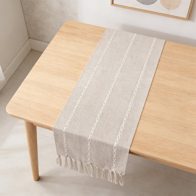 Farmhouse Table Runner With Handmade Tassels And Embroidery, Rustic Linen Table Decor For Dining Room, Dresser, And Party Decorations
