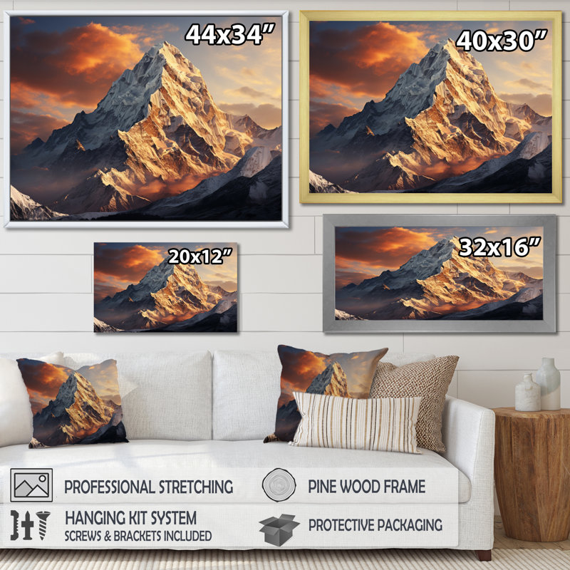 Winter Snowy Peaks Landscape II - paysages, impressions sur toile, H 16 po x l 32 po, Cadre naturel flottant