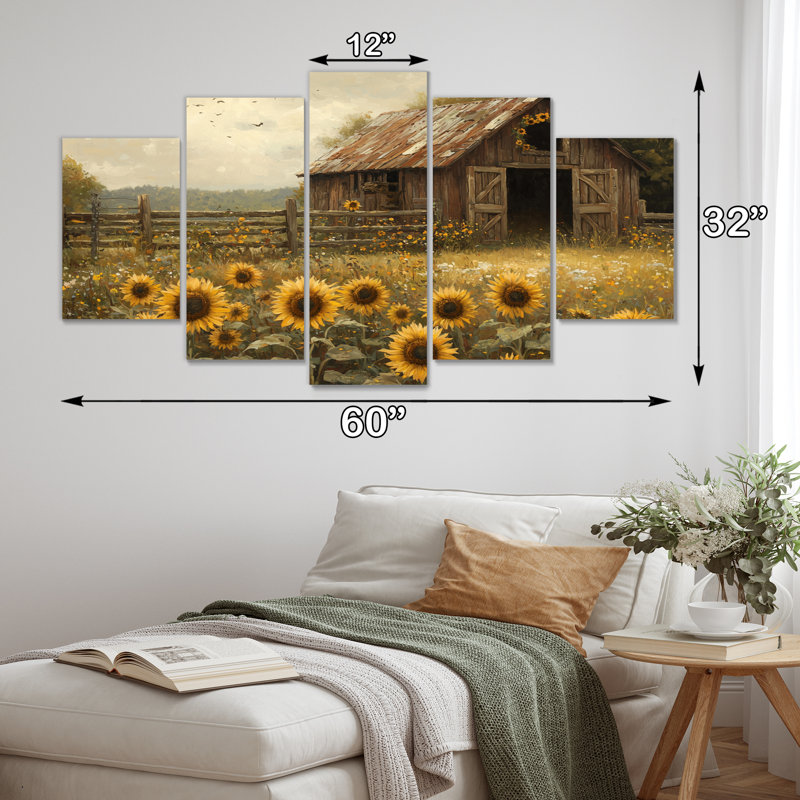 Tournesols autour de l'étable I - art mural tournesols - ensemble de 5 décorations murales traditionnelles