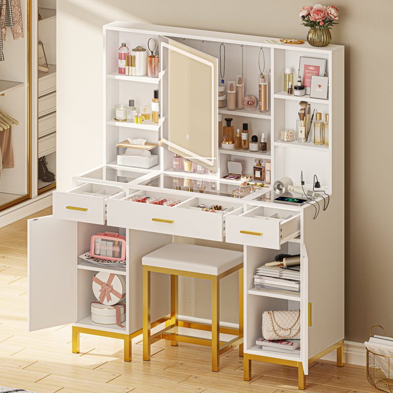 Mercer41 White 43.3''W Vanity Set with Touch Lighted Mirror Upholstered Stool Glass Top Drawers Dressing Table Built in Outlets