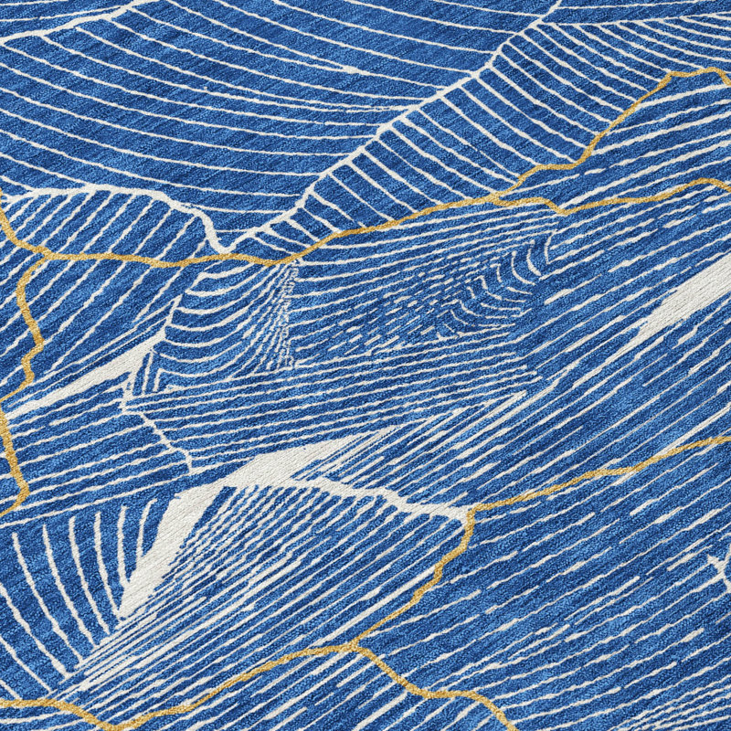 Blue Abstract Crackle Pattern Washable Synthetic Area Rug