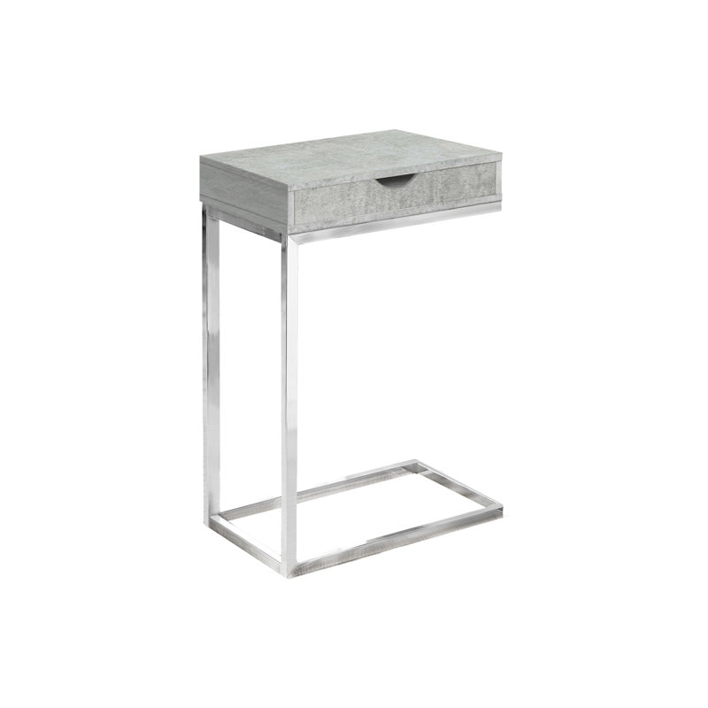 Table d'appoint, en forme de C, bout, côté, collation, tiroir de rangement, salon, chambre à coucher, stratifié gris, métal chromé, contemporain, moderne