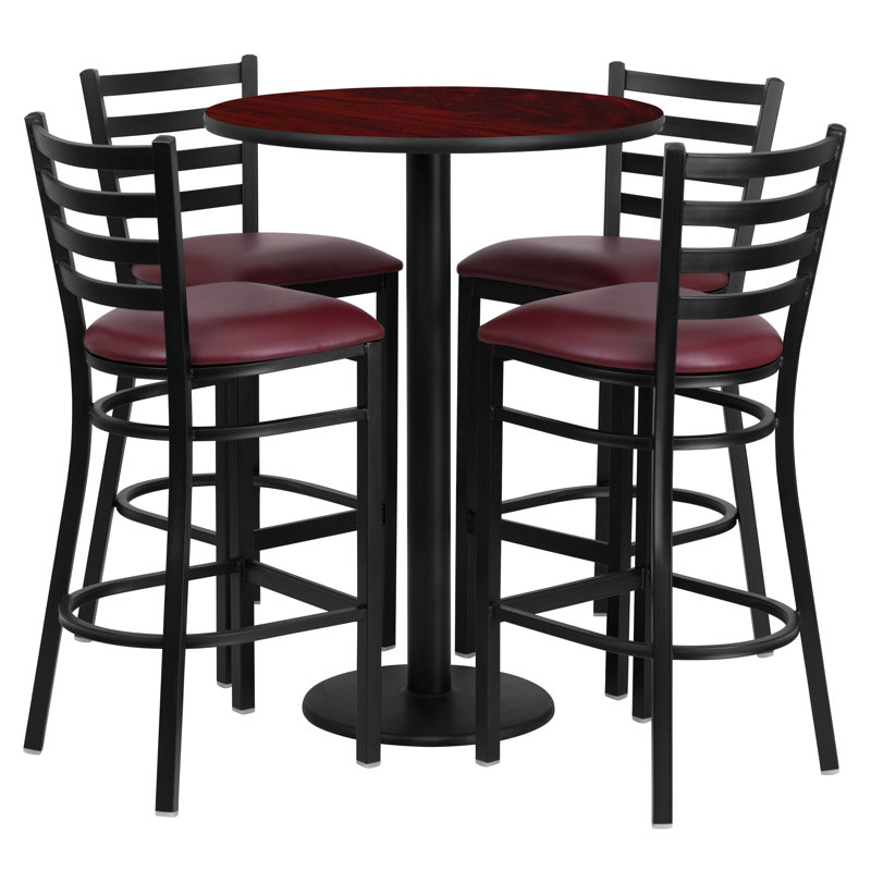 Aniket 30'' Round Laminate Table Set with Round Base and 4 Ladder Back Metal Barstools, Mahogany, Burgundy