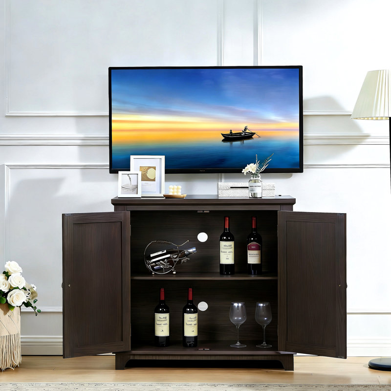 Buffet de rangement spacieux, 2 portes en miroir, matériau avec stratification de grain de bois 3D, espace pour la vaisselle et les bouteilles de vin, miroirs décoratifs aux détails complexes, facile à assembler, convient à divers