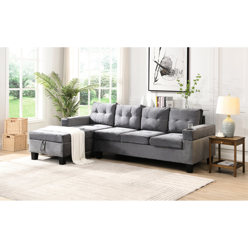 Canapé modulaire en forme de L avec porte-gobelets et méridienne de rangement (velours gris) - Rembourrage en mousse épaisse, 4, velours gris contemporain pour salon, mousse, pieds en plastique, limite de poids de 600 lb
