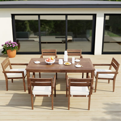 Ensemble repas d'extérieur 7 pièces en bois d'acacia, table résistante aux intempéries grise de 70,9 pouces et 6 fauteuils assortis