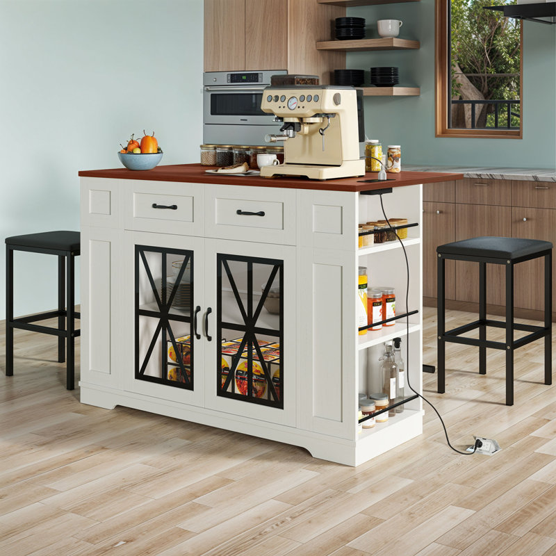 47" Large Portable Kitchen Island Dining Bar Kitchen Table with Drop Leaf and 2 Stools, White/Black/Dark Brown Wood