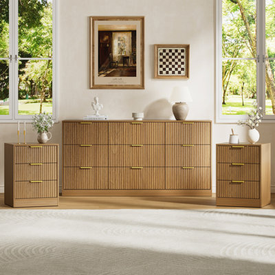 Ensemble 3 pièces commode 9 tiroirs et table de chevet 3 tiroirs