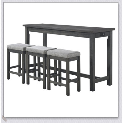 4pc Counter Height Dining Set with Gray Finish, Built-in USB Ports, Power Outlets, and 3 Comfortable Stools for Modern Kitchens