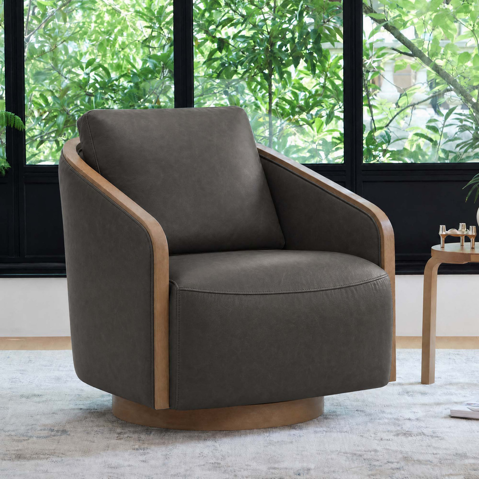 Nieve Pine Swivel Barrel Chair, Gray