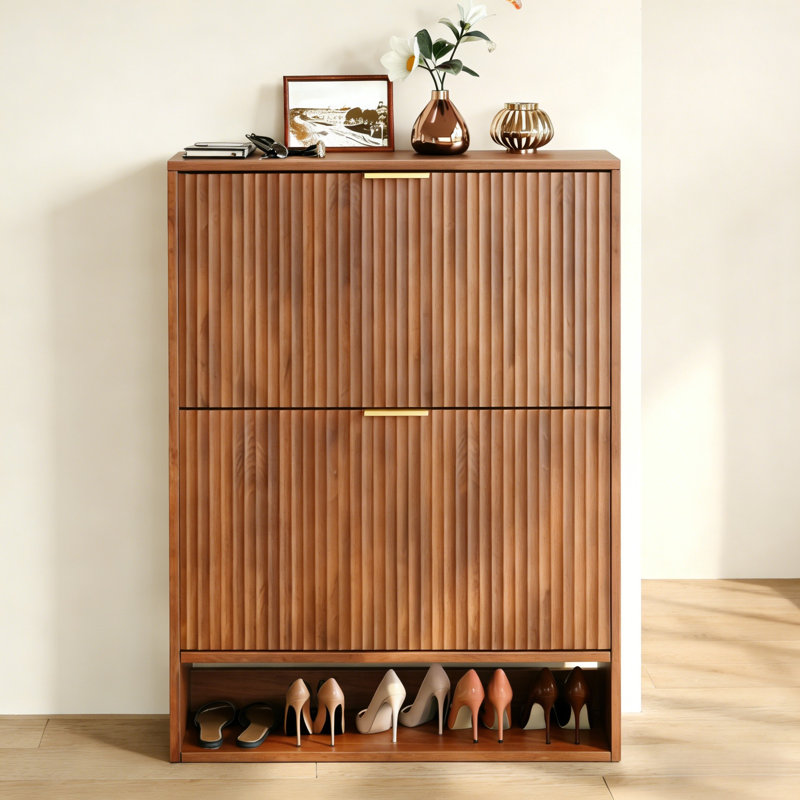 Narrow Flip-Door Shoe Cabinet With Wood Grain Design, Walnut