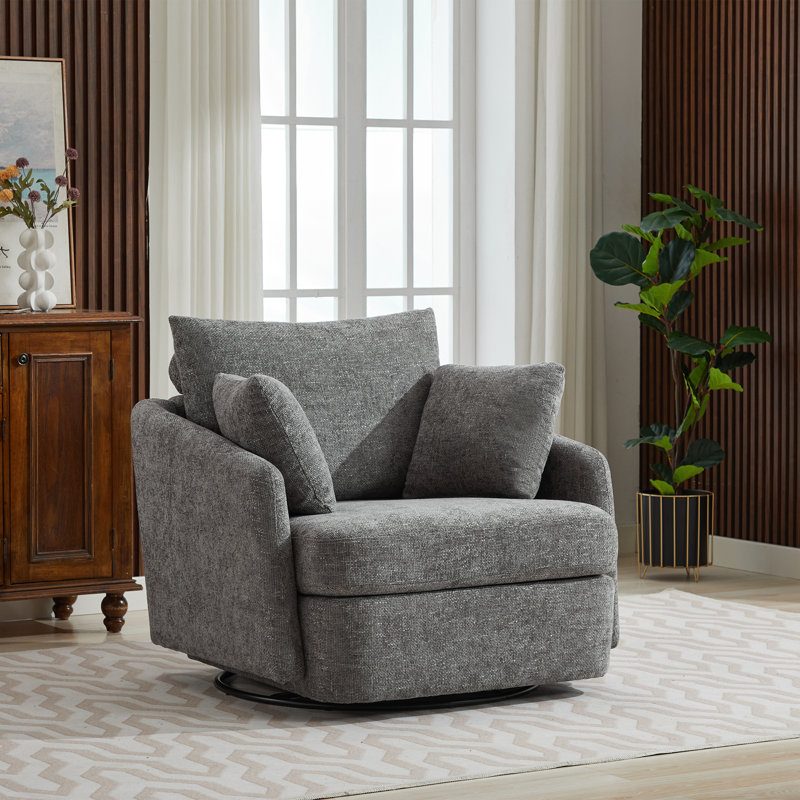 Upholstered Swivel Chair With 2 Side Pillows, Charcoal Chenille
